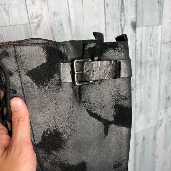 Donald J Pliner black leather distressed patch lace up tall Dnali boots size 8.5 - Picture 7 of 13